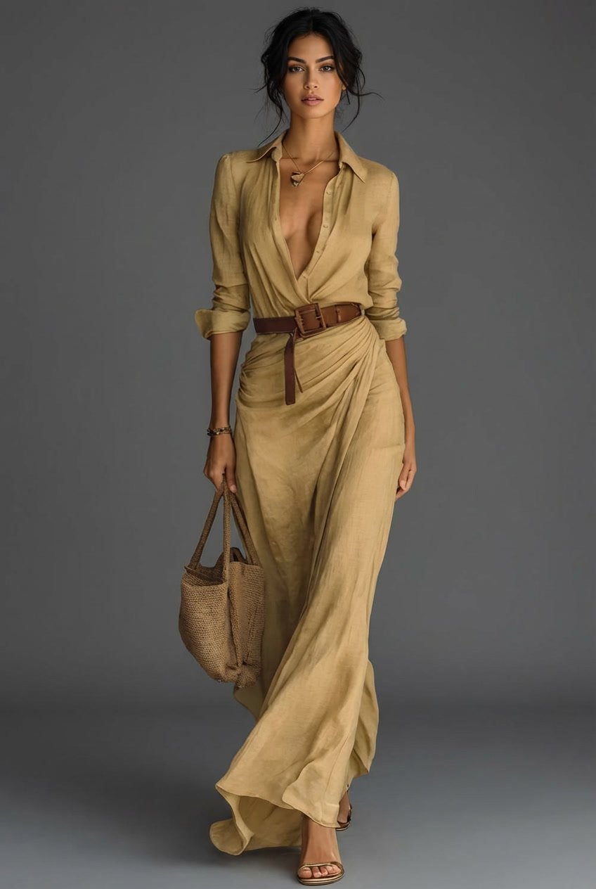 Women's Long-Sleeve Linen Wrap Maxi Dress