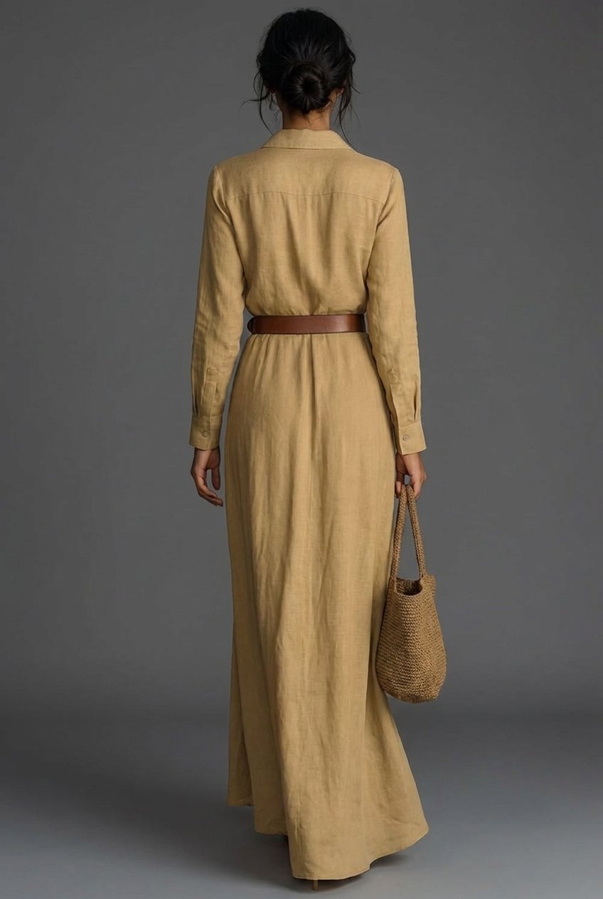 Women's Long-Sleeve Linen Wrap Maxi Dress
