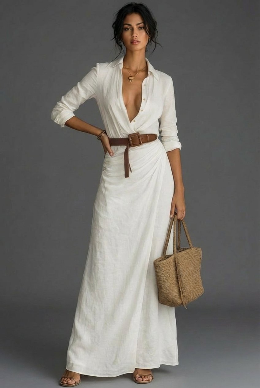 Women's Long-Sleeve Linen Wrap Maxi Dress