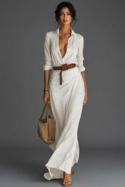 Women's Long-Sleeve Linen Wrap Maxi Dress