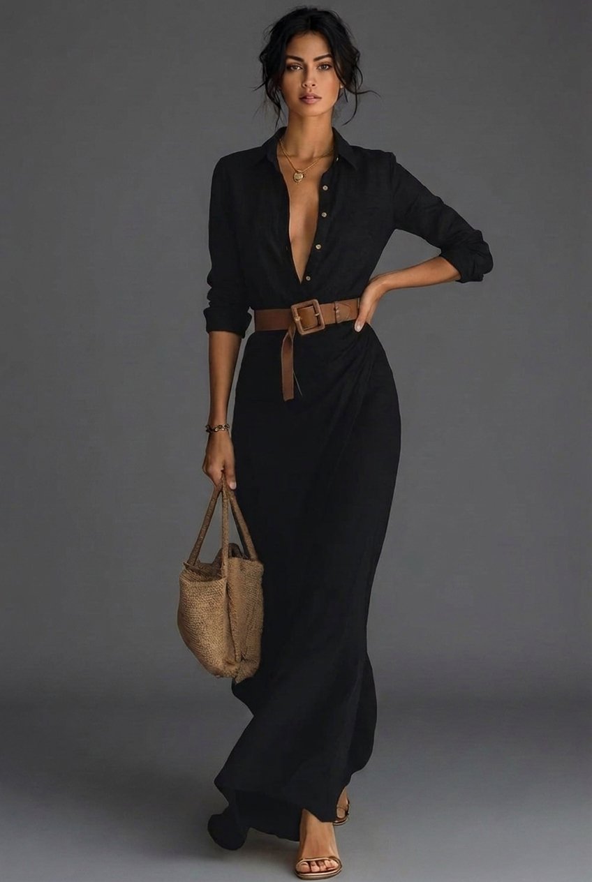 Women's Long-Sleeve Linen Wrap Maxi Dress
