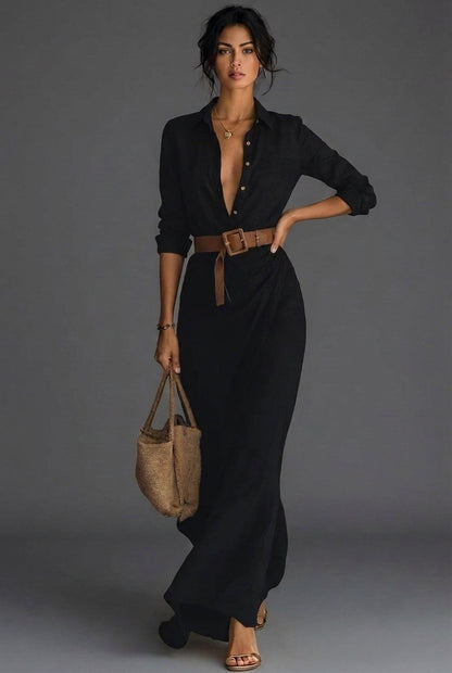 Women's Long-Sleeve Linen Wrap Maxi Dress
