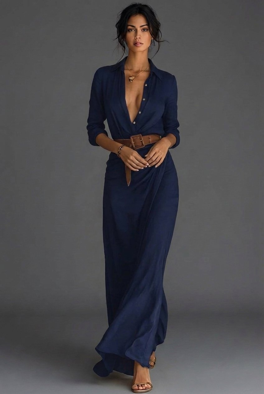 Women's Long-Sleeve Linen Wrap Maxi Dress