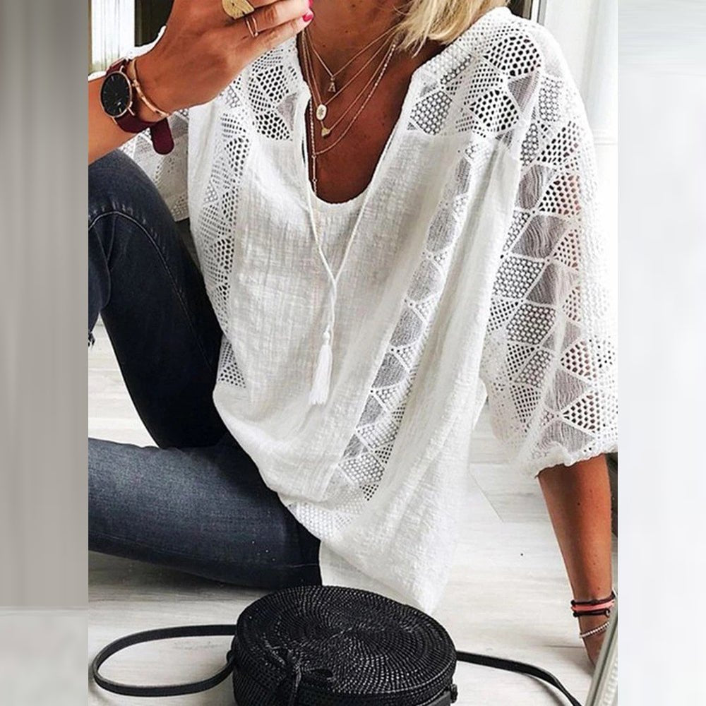 Women's 3/4-Sleeve Bohemian Crochet-Trim Blouse