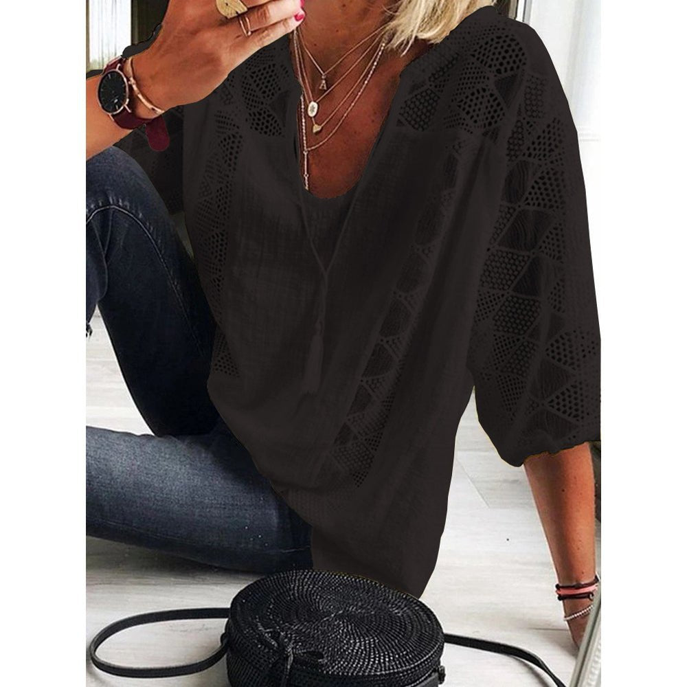 Women's 3/4-Sleeve Bohemian Crochet-Trim Blouse