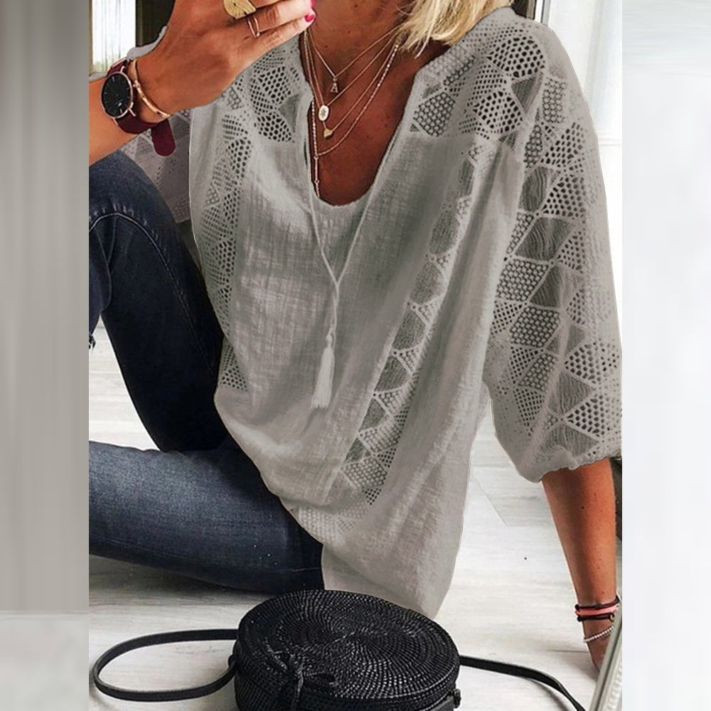 Women's 3/4-Sleeve Bohemian Crochet-Trim Blouse