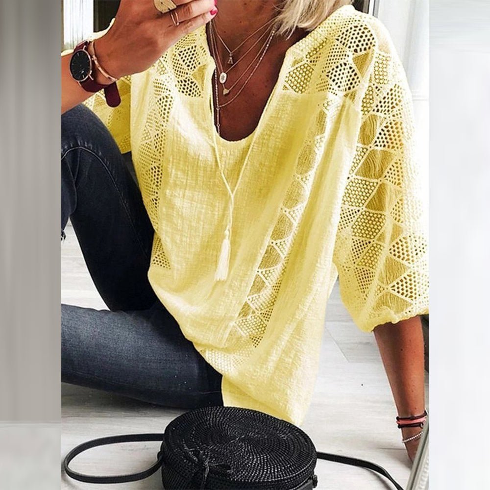 Women's 3/4-Sleeve Bohemian Crochet-Trim Blouse