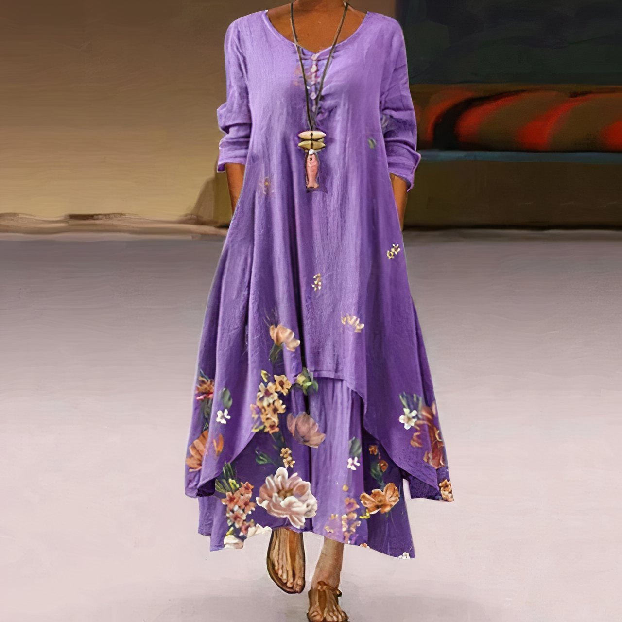 Women's Long-Sleeve Crew Neck Floral Maxi Dress in Loose Fit