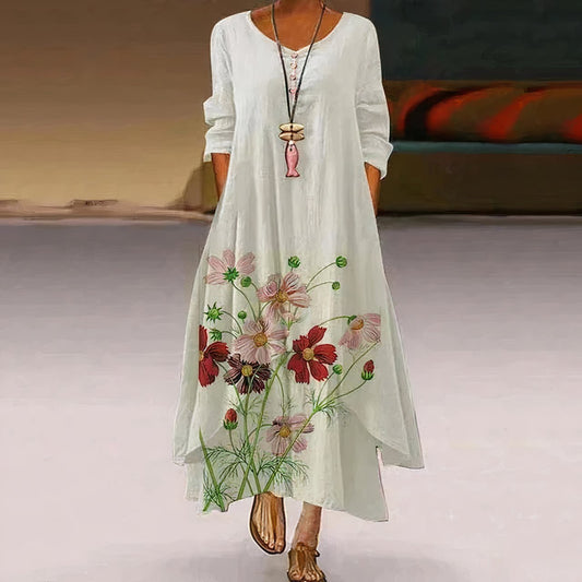 Women's Long-Sleeve Crew Neck Floral Maxi Dress in Loose Fit