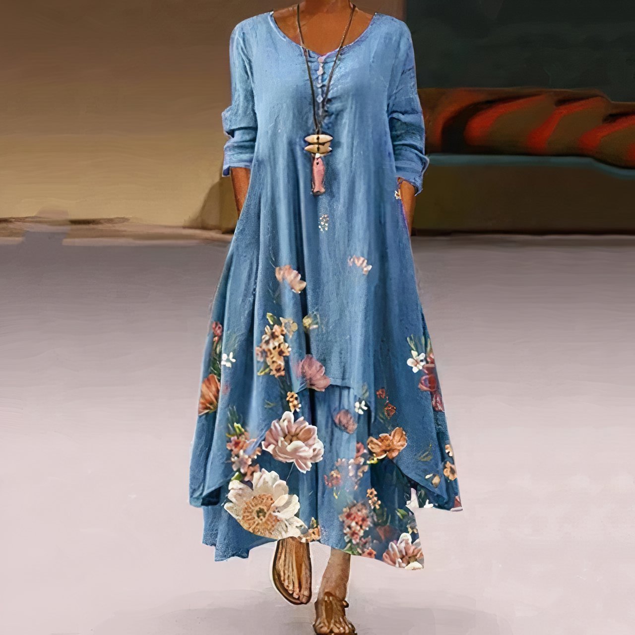Women's Long-Sleeve Crew Neck Floral Maxi Dress in Loose Fit