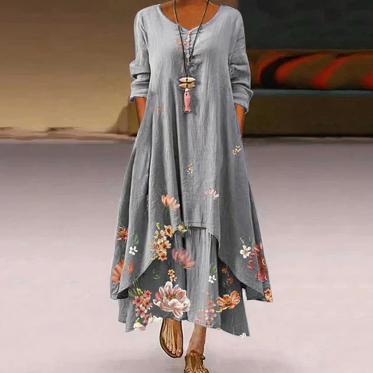 Women's Long-Sleeve Crew Neck Floral Maxi Dress in Loose Fit