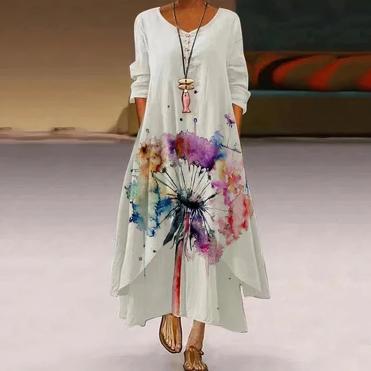 Women's Long-Sleeve Crew Neck Floral Maxi Dress in Loose Fit