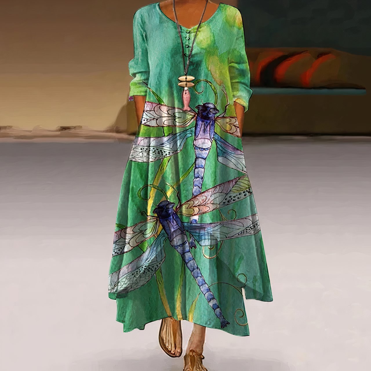 Women's Long-Sleeve Crew Neck Floral Maxi Dress in Loose Fit