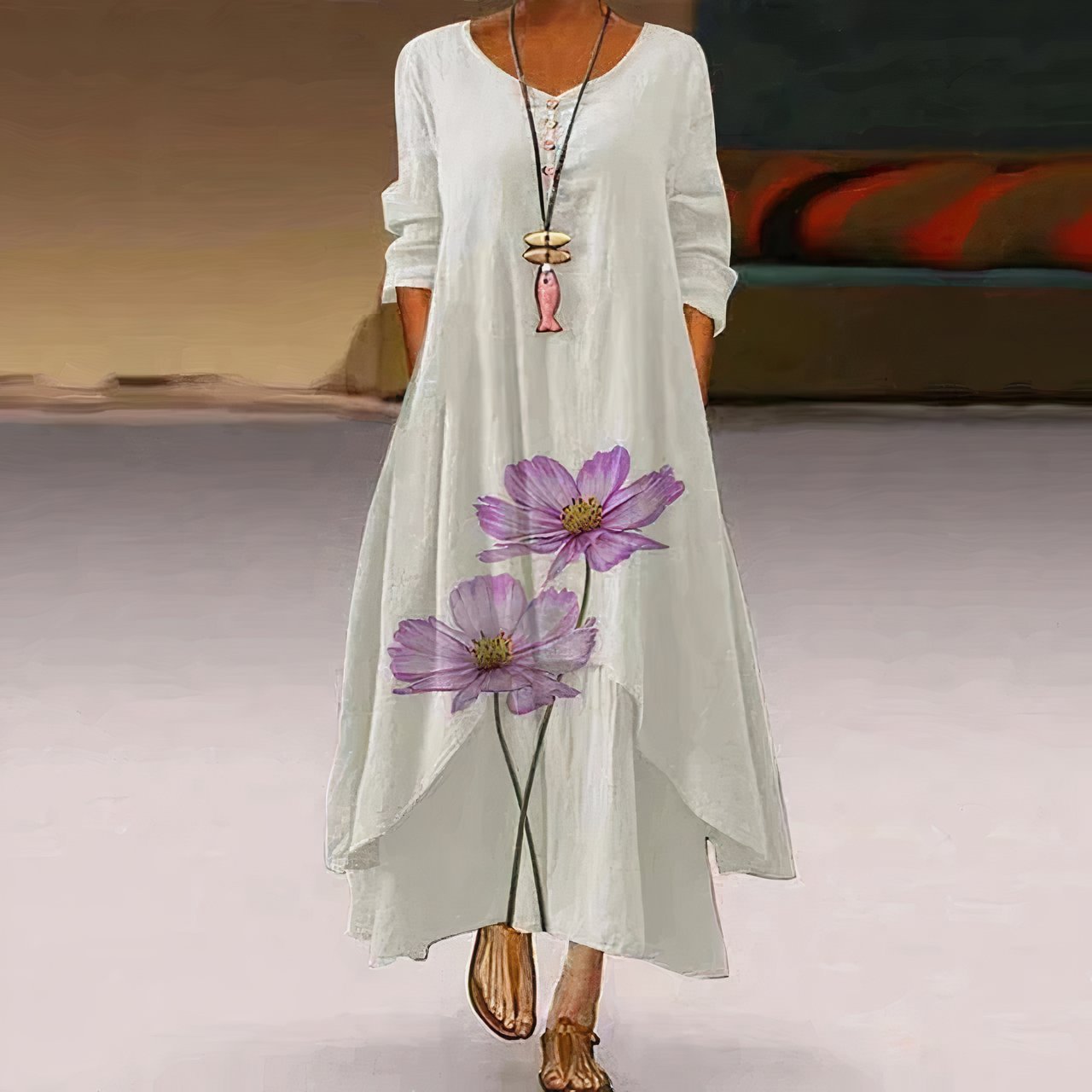 Women's Long-Sleeve Crew Neck Floral Maxi Dress in Loose Fit