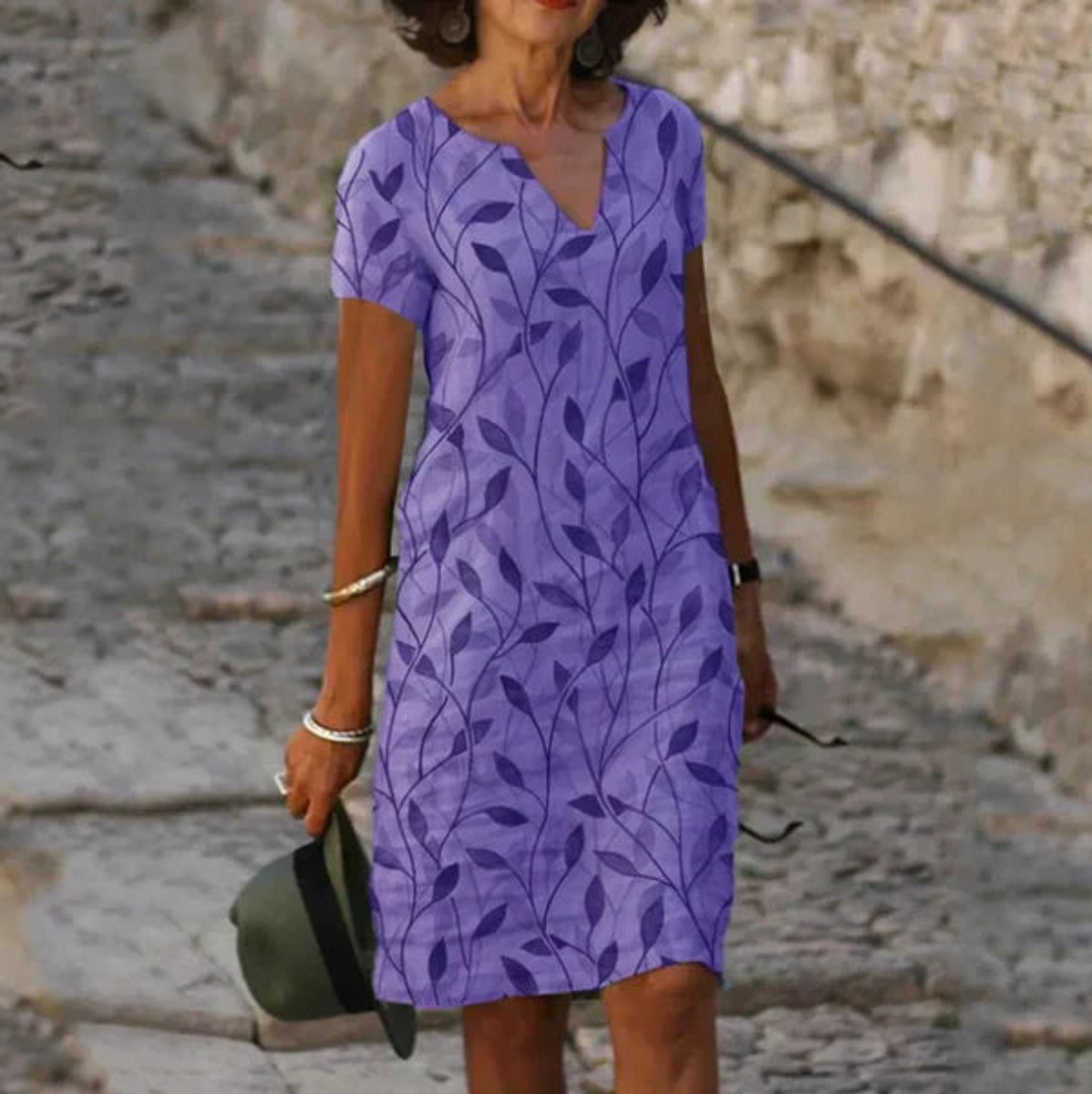 Women's Short-Sleeve Leaf-Pattern V-Neck Loose Summer Dress