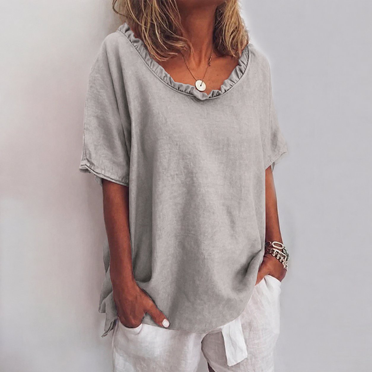 Women's Loose Short-Sleeve Cotton Blouse with Ruffles