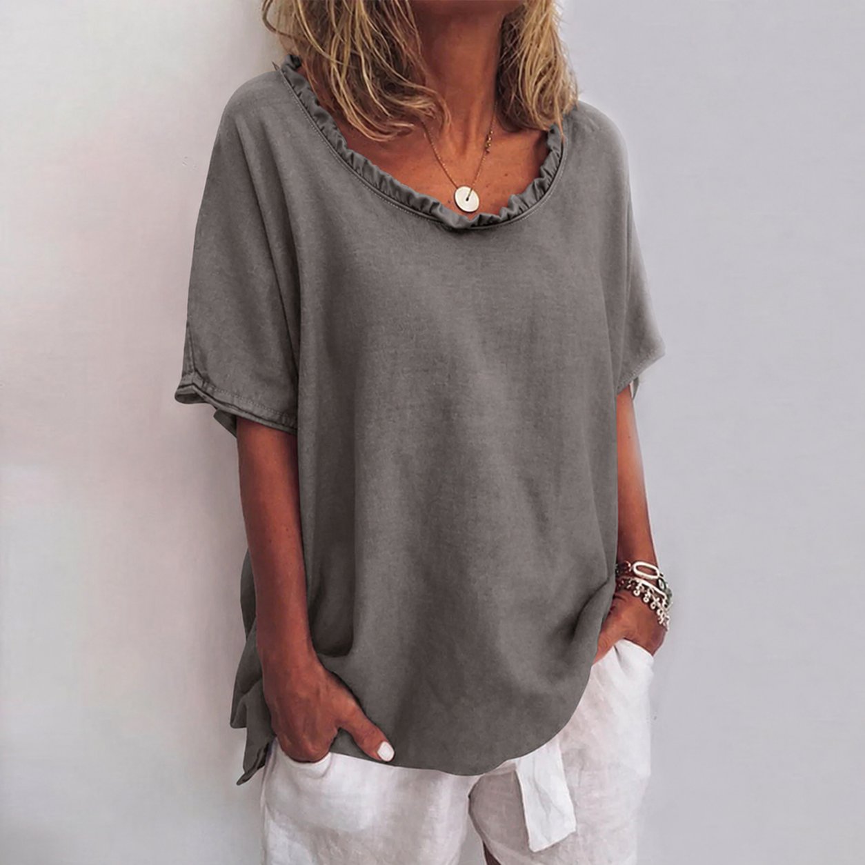 Women's Loose Short-Sleeve Cotton Blouse with Ruffles