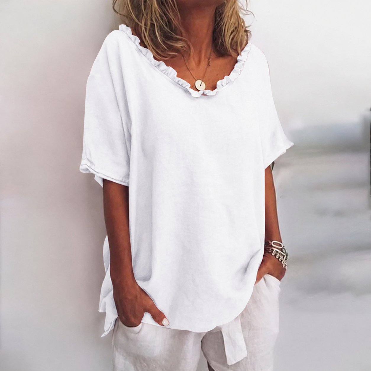 Women's Loose Short-Sleeve Cotton Blouse with Ruffles