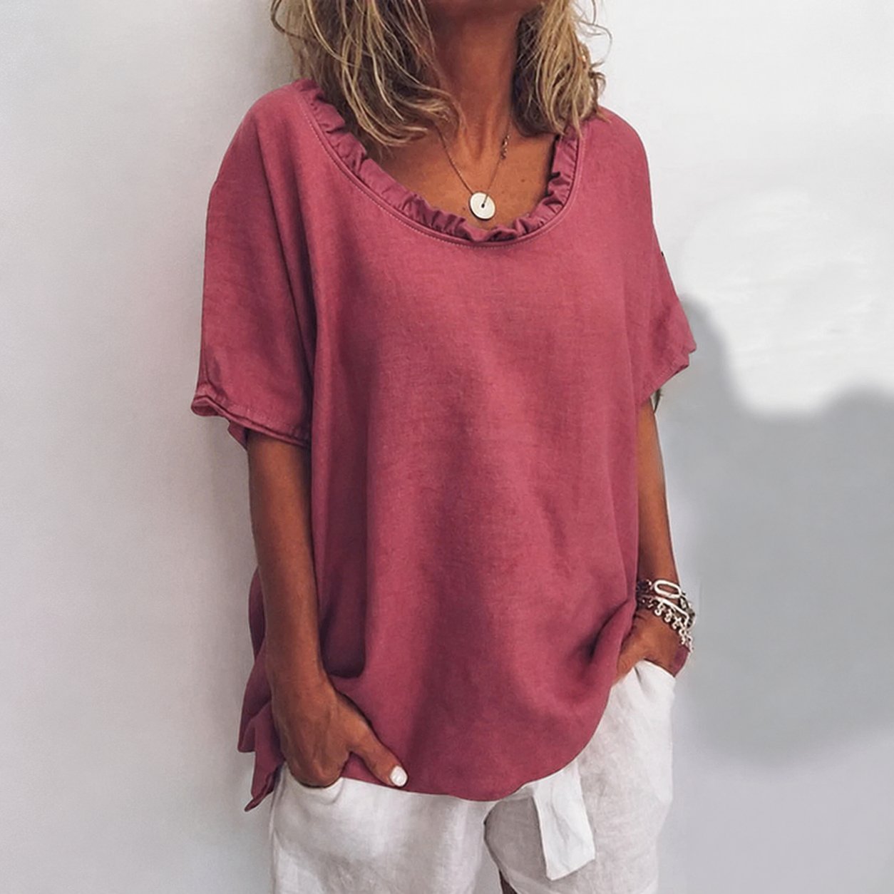 Women's Loose Short-Sleeve Cotton Blouse with Ruffles