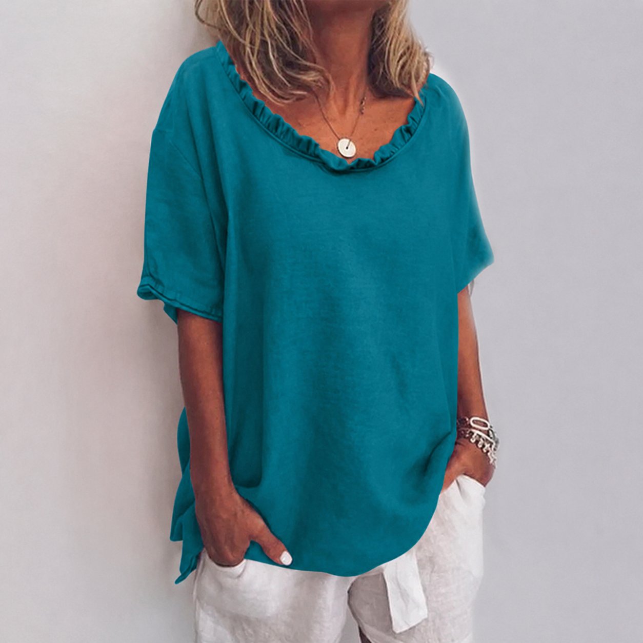 Women's Loose Short-Sleeve Cotton Blouse with Ruffles