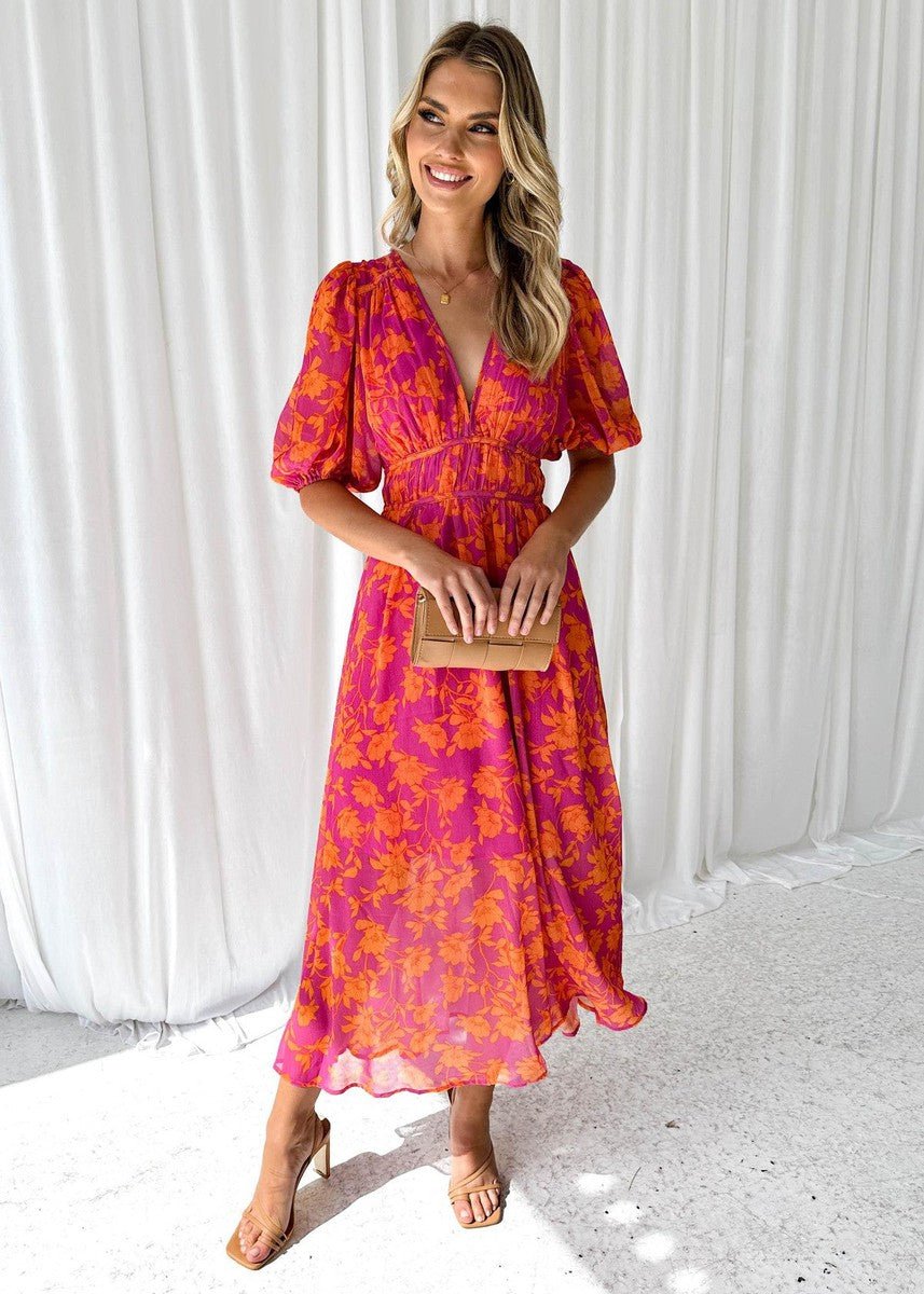 Women's Lightweight Floral Print V-Neck Midi Dress with Puff Sleeves