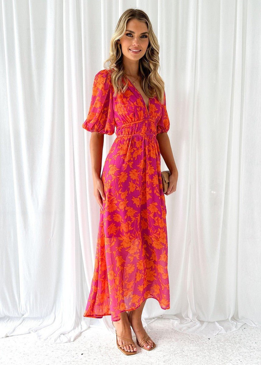 Women's Lightweight Floral Print V-Neck Midi Dress with Puff Sleeves