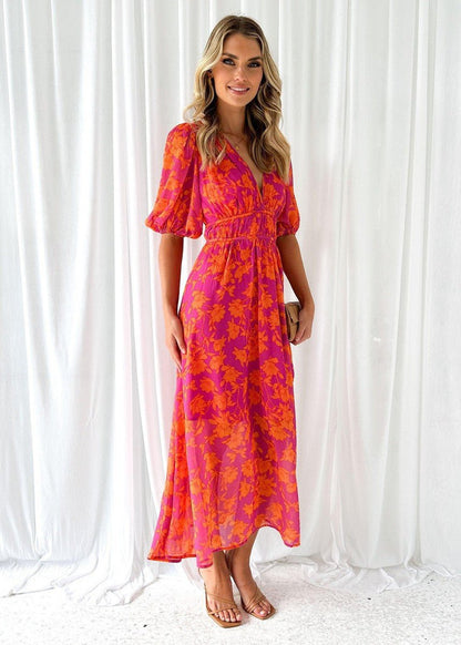 Women's Lightweight Floral Print V-Neck Midi Dress with Puff Sleeves