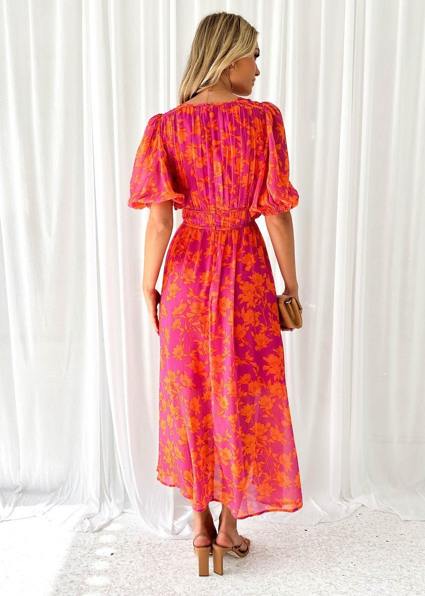 Women's Lightweight Floral Print V-Neck Midi Dress with Puff Sleeves