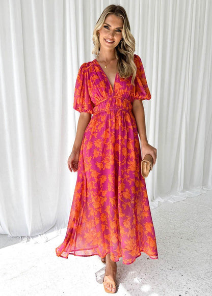 Women's Lightweight Floral Print V-Neck Midi Dress with Puff Sleeves