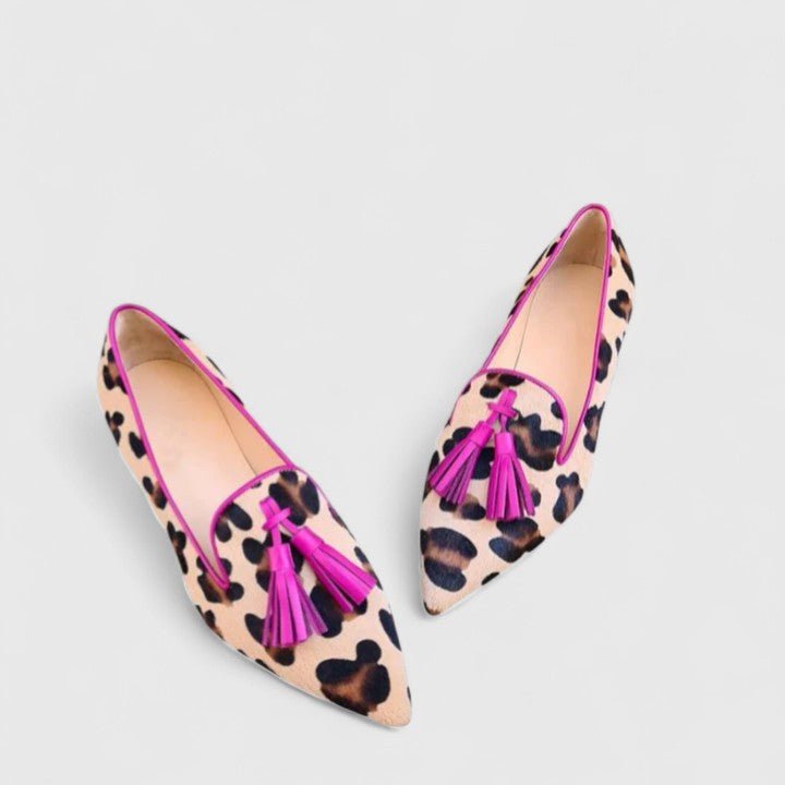Women's Pointed Animal Print Loafers with Magenta Tassels