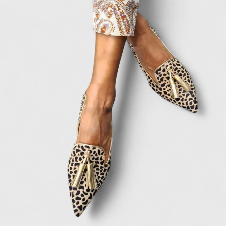 Women's Pointed Animal Print Loafers with Magenta Tassels