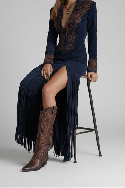 Women's Embroidered Fringe-Trim Maxi Evening Gown