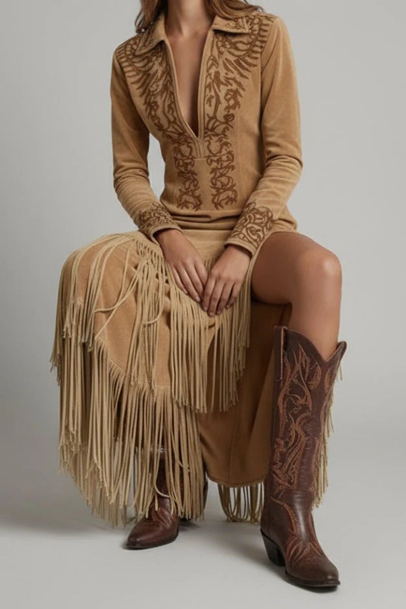 Women's Embroidered Fringe-Trim Maxi Evening Gown