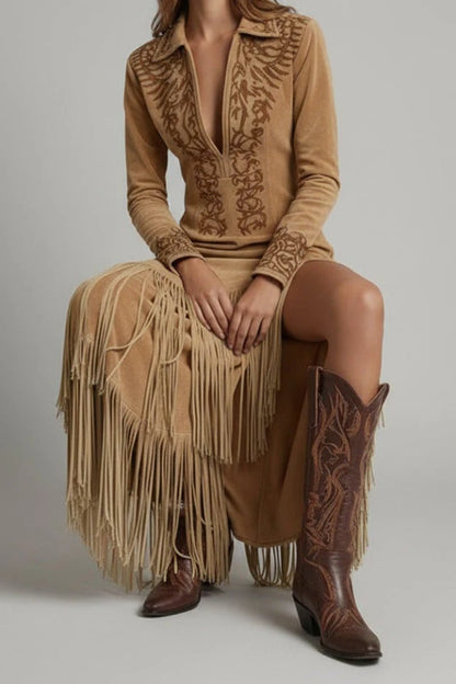 Women's Embroidered Fringe-Trim Maxi Evening Gown
