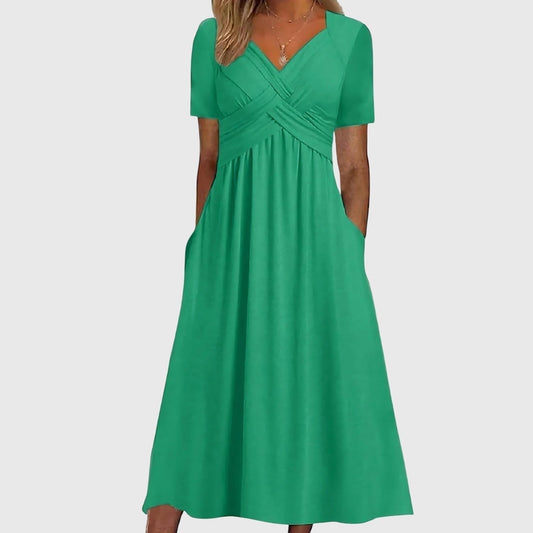Women's V-Neck Wrap A-Line Slimming Midi Dress