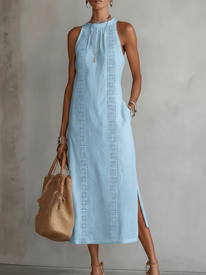 Women's Round-Neck Embroidered Sleeveless Midi Dress