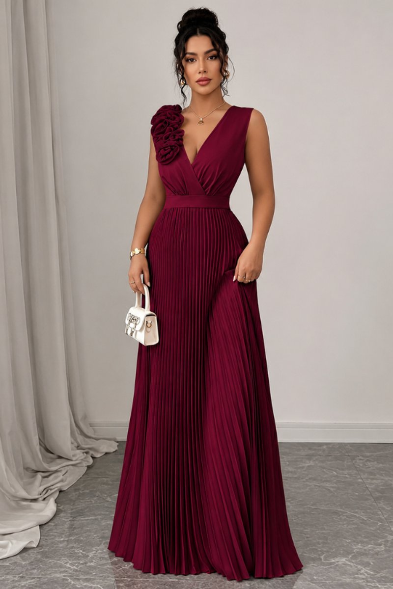 Women's Floral-Appliqué Sleeveless Pleated A-Line Evening Dress