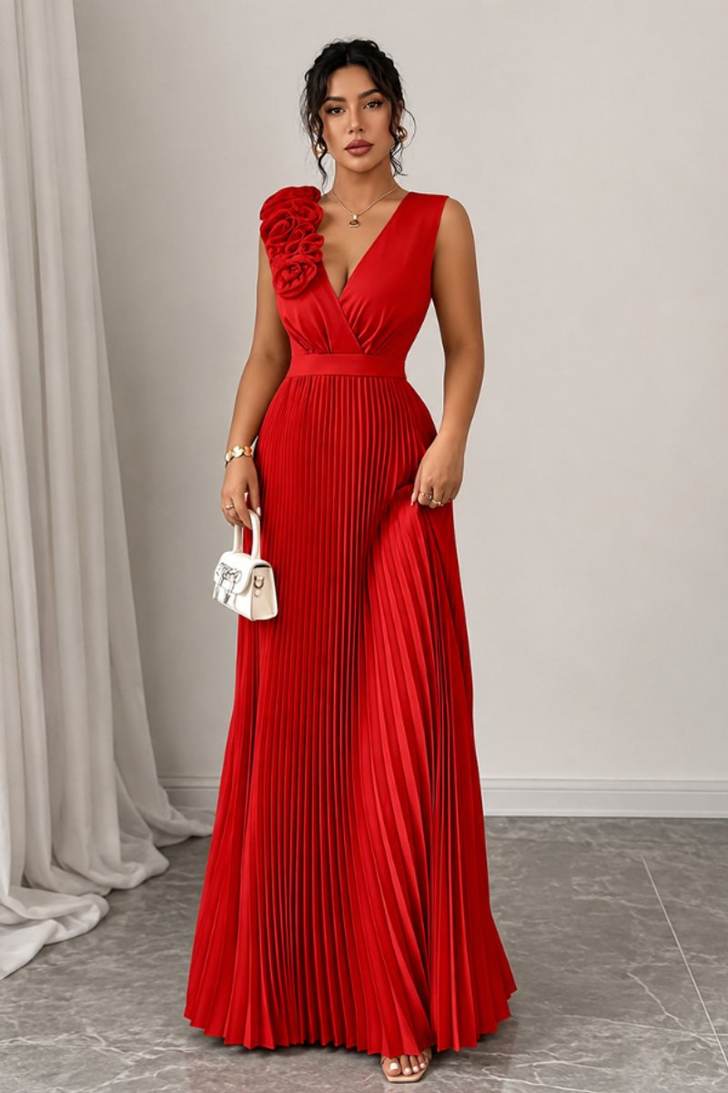 Women's Floral-Appliqué Sleeveless Pleated A-Line Evening Dress