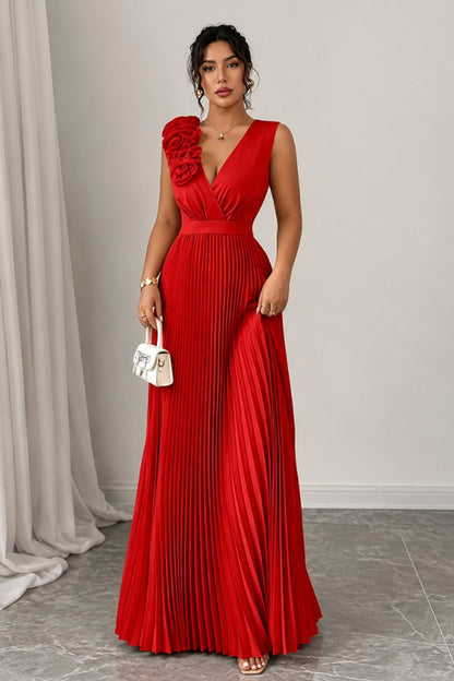 Women's Floral-Appliqué Sleeveless Pleated A-Line Evening Dress