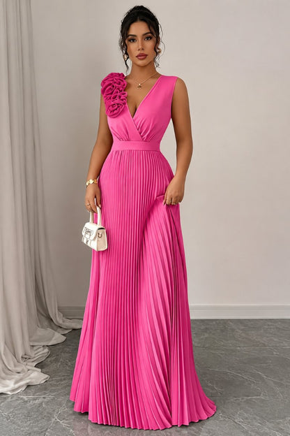 Women's Floral-Appliqué Sleeveless Pleated A-Line Evening Dress