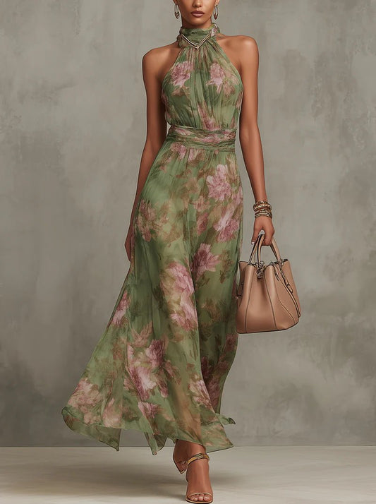 Women's Halterneck Floral Sleeveless Long Gown