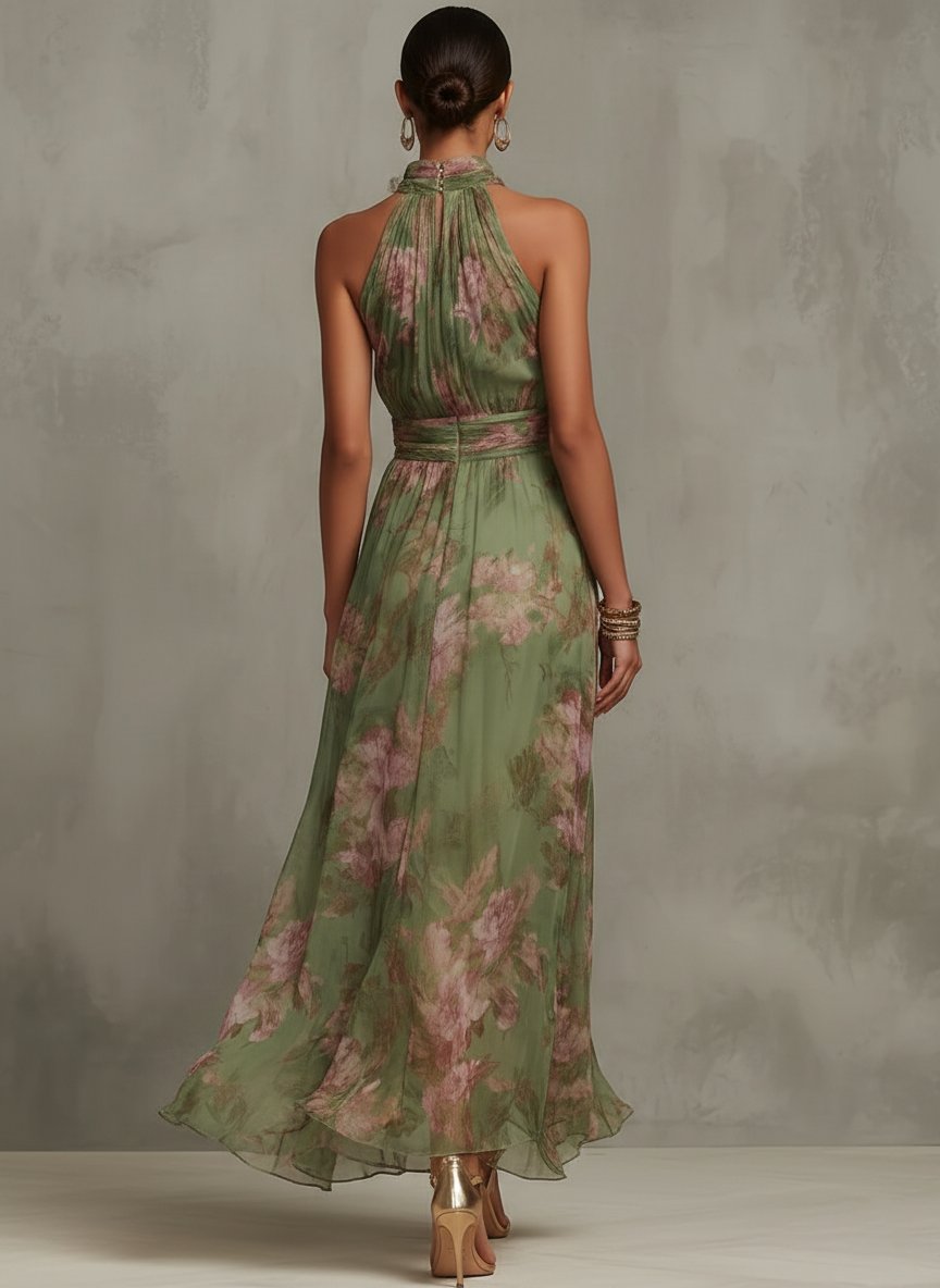 Women's Halterneck Floral Sleeveless Long Gown