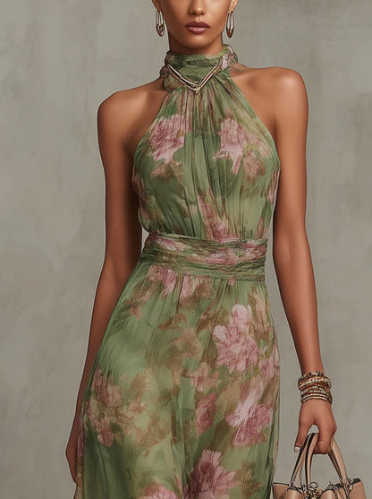 Women's Halterneck Floral Sleeveless Long Gown