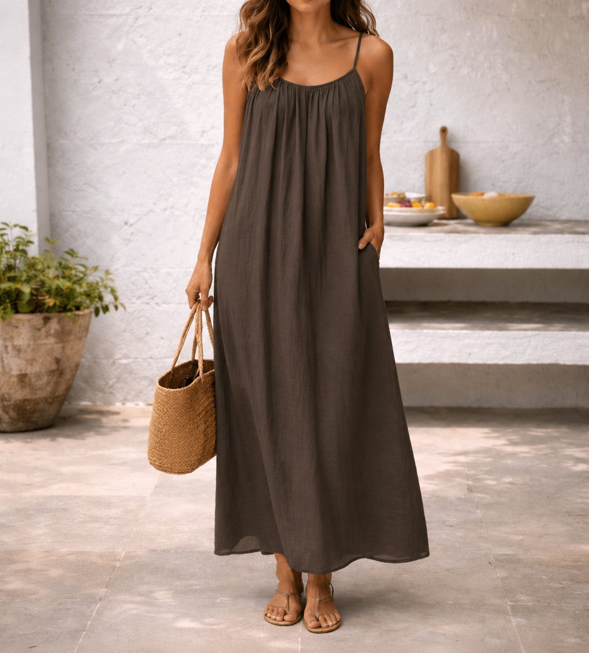 Women's Spaghetti Strap Linen Maxi Summer Dress
