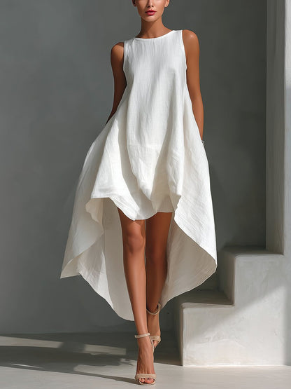 Women's Relaxed Sleeveless Linen Midi Dress with Asymmetric Hem