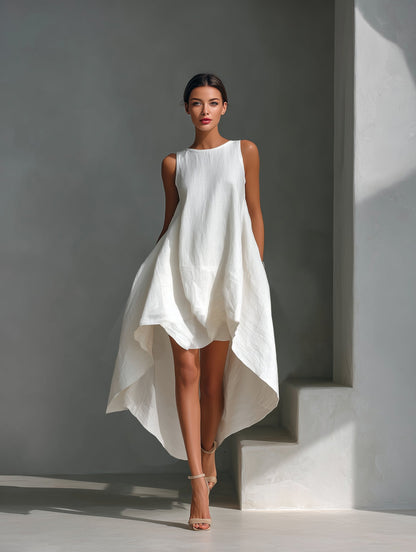 Women's Relaxed Sleeveless Linen Midi Dress with Asymmetric Hem