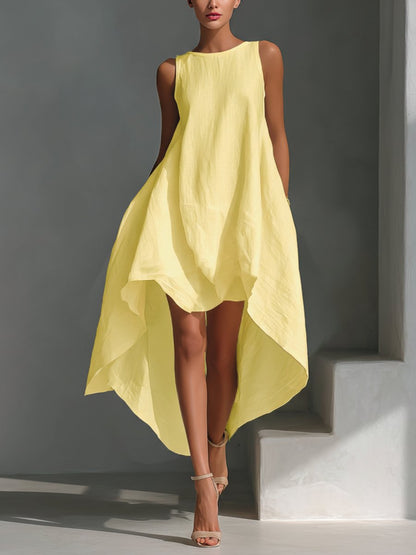Women's Relaxed Sleeveless Linen Midi Dress with Asymmetric Hem