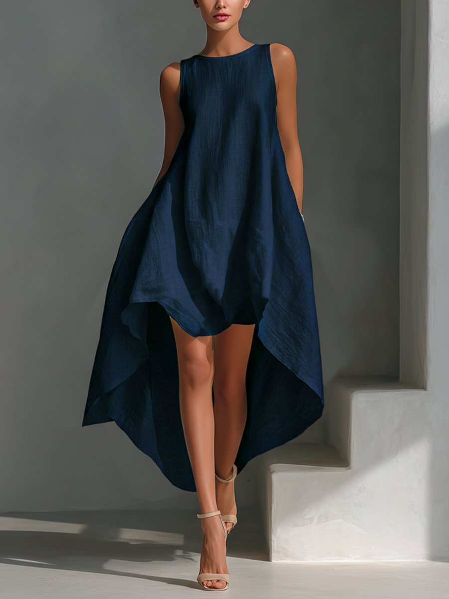 Women's Relaxed Sleeveless Linen Midi Dress with Asymmetric Hem