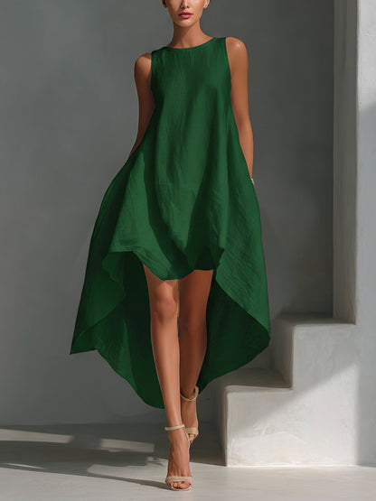 Women's Relaxed Sleeveless Linen Midi Dress with Asymmetric Hem