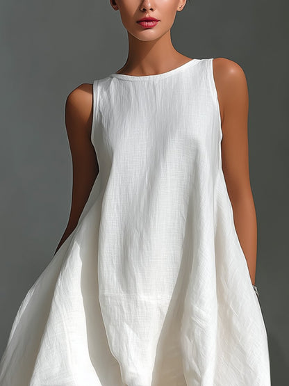 Women's Relaxed Sleeveless Linen Midi Dress with Asymmetric Hem